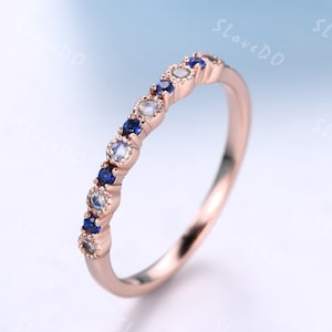 Danity Moonstone Sapphire Wedding Ring, Gold Ring,Blue Sapphire Wedding Band,Rainbow Moonstone Matching Band, Anniversary Ring, Gift for Her