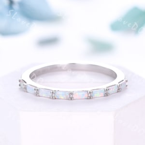Vintage Opal Wedding Band: Baguette Stackable Ring, White Gold