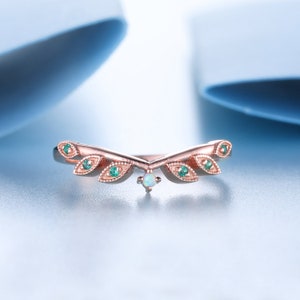 Art Deco Emerald Wedding Band Emerald Opal Wedding Ring Unique Curved Stacking Matching Band May Birthstone Bridal Wedding Ring Gift for her