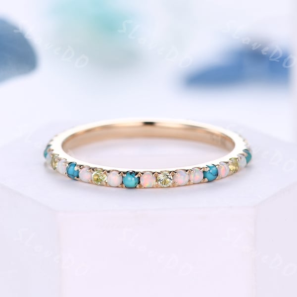 Eternity Band,Opal Peridot Turquoise Wedding Ring,Family Birthstone,Opal Wedding Band,Stacking Matching Band,Anniversary Ring,Gift for Her