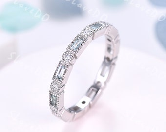 Vintage Baguette Aquamarine Diamond Eternity Ring: Platinum Anniversary Band
