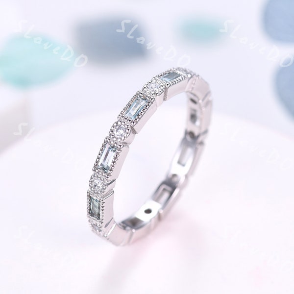 Vintage Baguette Cut Aquamarine Ring,Aquamarine Jewelry,Eternity Ring,Aquamarine Diamond Wedding Band,Platinum Ring,Anniversary Gift For Her