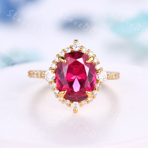 Vintage Oval Shape Ruby Engagement Ring 14k Yellow Gold Diamond Wedding Band Anniversary Promise Ring July Birthstone Ring Bridal Women Gift