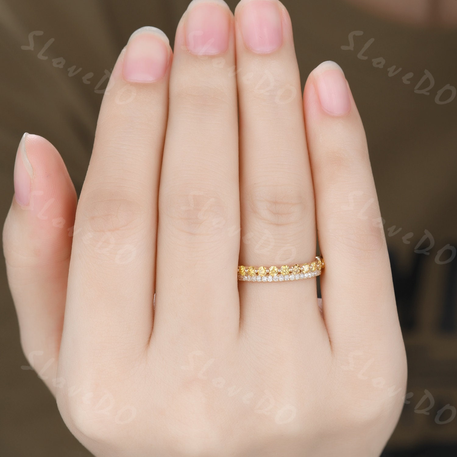 Natural Yellow Diamond Wedding Band: 14K Gold Double Row Eternity Ring ...