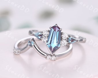 Zestaw pierścionków z aleksandrytem Coffin Kite: biżuteria zaręczynowa w stylu art déco z 14-karatowego białego złota