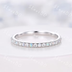 Eternity Band,Opal Moissanite Wedding Ring,Silver Ring,October Birthstone,Opal Wedding Band,Matching Band,Anniversary Ring,Gift for Women