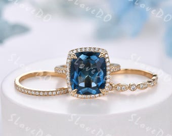 8CT Cushion Cut London Blue Topaz Ring Set Natural Topaz Halo Engagement Ring Half Eternity Diamond Matching Band Stacking Women Wedding Set