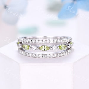 Vintage Peridot Moissanite Engagement Ring,Marquise Peridot Wedding Band, Handcraft Three Row Anniversary Promise Ring Gift For her