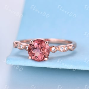 Padparadscha Pink Sapphire,7mm Pink Sapphire Engagement Ring,Diamond Wedding Bridal Promise Ring, 14K Rose Gold Women Anniversary Ring Gift