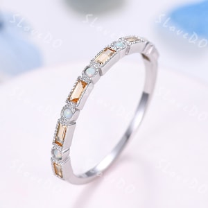 Vintage Citrine Opal Wedding Band,Baguette Cut White Gold Wedding Ring,Unique Stacking Band,Birthstone Ring,Anniversary Gift,Promise Ring