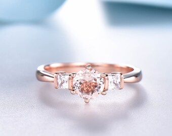 14K Rose Gold Dainty Morganite Ring, Round Morganite Engagement Ring, Moissanite Side Stones, Solitaire Wedding Ring, Bridal Promise Ring