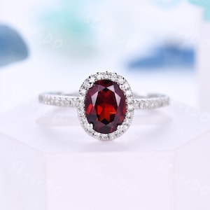 Art Deco Red Garnet Engagement Ring Vintage Oval Garnet Ring Diamond Wedding Band 14k White Gold Ring Birthstone Ring Women Ring Gift