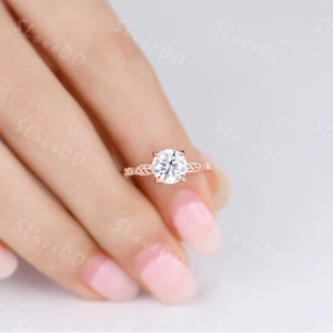 Forever One Minimalist Moissanite Engagement Ring,Moissanite Bridal Ring,Unique Leaf Wedding Band Rose Gold Women Promise Ring Gift for Her