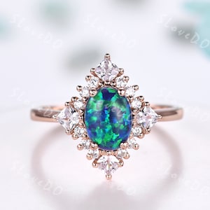 Unique Oval Cut Black Opal Engagement Ring Moissanite Cluster Ring October Birthstone Vintage Promise Halo Band Rose Gold Opal Jewelry Gift
