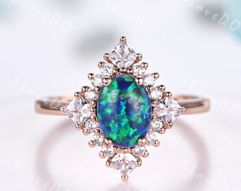 Unique Oval Cut Black Opal Engagement Ring Moissanite Cluster Ring October Birthstone Vintage Promise Halo Band Rose Gold Opal Jewelry Gift