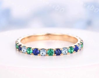 2mm Round Cut Emerald, Sapphire & Aquamarine Half Eternity Ring 14K Yellow Gold Personalized Stacking Minimalist Wedding Band  for Women
