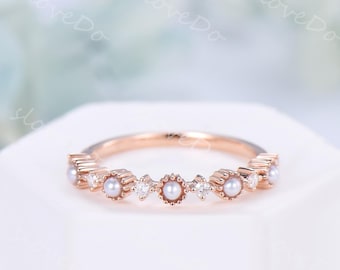 Fresh Water Pearl Wedding Band, Stackable Matching Ring, Rose Gold Dainty Promise Ring, Half Eternity Pearl Band, Unique Anniversary Gifts