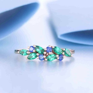 Vintage Emerald Wedding Band, Rose Gold Ring, Cluster Marquise Emerald Sapphire Ring, May Birthstone Ring, Stacking Band, Gift for Her