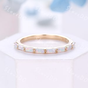 Vintage Opal Engagement Ring Unique Baguette Cut Opal Wedding Band Stackable Ring Solid Gold Bridal Ring October Birthstone Anniversary Gift