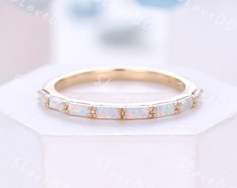 Vintage Opal Engagement Ring Unique Baguette Cut Opal Wedding Band Stackable Ring Solid Gold Bridal Ring October Birthstone Anniversary Gift