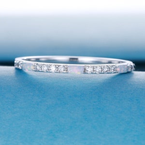 Opal Wedding Ring, Half Eternity Opal Diamond Ring, Opal Stacking Ring, Dainty Ring, Anniversary Gift, Pave Band, 14K White Gold