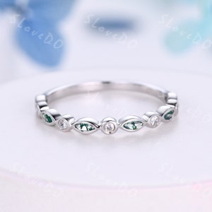 14K White Gold Ring Unique Moss Agate Wedding Band Art Deco Natural Diamond Agate Wedding Ring Matching Band Stacking Ring Anniversary Gift