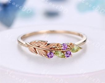 Marquise Cut Natural Peridot Leaf Wedding Band Multi-Stone Nature Band Ring Cluster Amethyst Citrine Olive Branch Stacking Band for Women