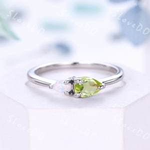Dainty Pear Cut Peridot Opal Engagement Ring,August Birthstone Ring,Two Stones Stacking Matching Band,14K White Gold Ring,Anniversary Gift