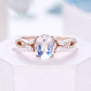 Oval Moonstone Ring,Unique Moonstone Engagement Ring,V curved Moissanite Stacking Band,Art Deco Bridal Promise Ring Gift,Sterling Silver