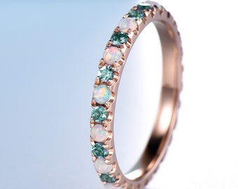 Opal and Alexandrite Wedding Band 14K Rose Gold Full Eternity Unique Stacking Ring Matching Band Anniversary Gift