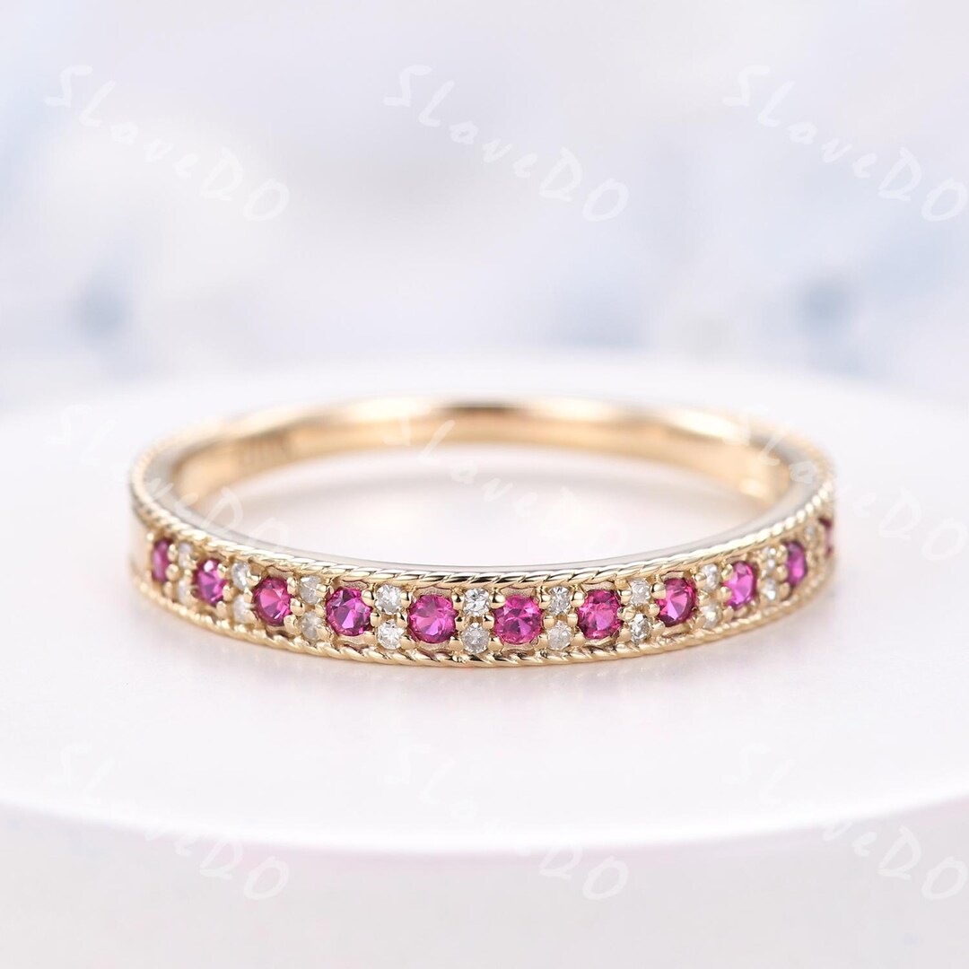 Art Deco Ruby Diamond 14K Gold Ring: July Birthstone Wedding Band - Etsy