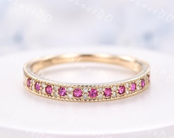 Art Deco Ruby Diamond 14K Gold Ring: July Birthstone Wedding Band