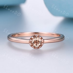 Dainty Champagne Diamond Ring: Rose Gold Solitaire Bezel Set