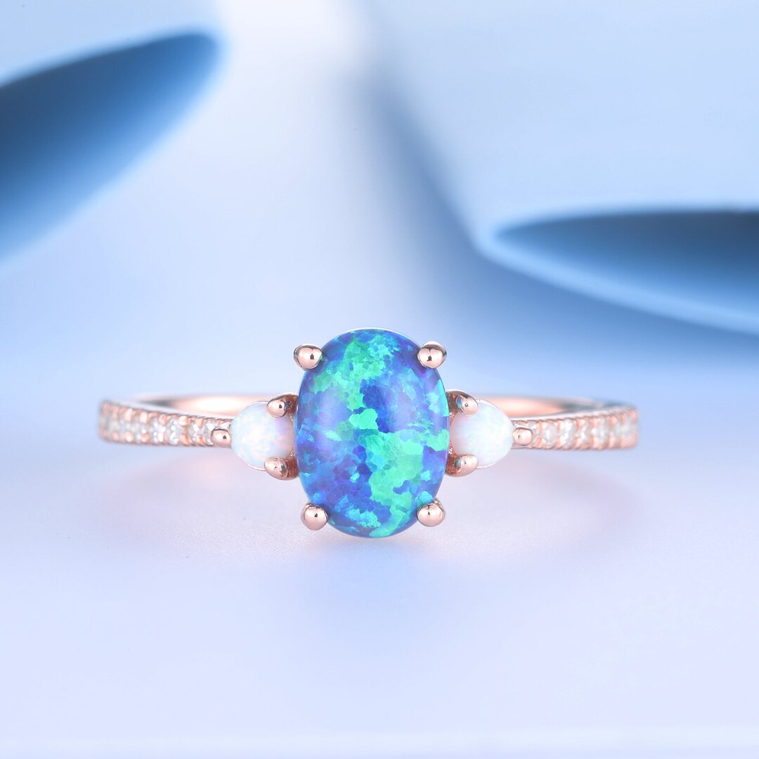 Opal Ring Blue Opal Engagement Ring 14K Rose Gold Ring Etsy