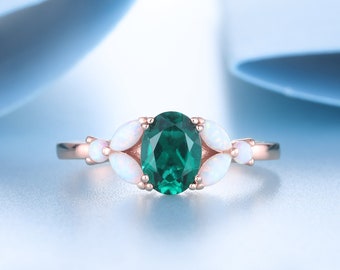 Anneau ovale de fiançailles d’émeraude 14K Anneau d’émeraude rose mai Anneau de naissance Emerald Opal Ring Promise Ring Anniversary Gift for Her