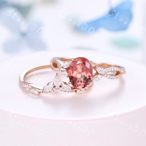 Oval Padparadscha Pink Sapphire,Unique Engagement Ring Set,V curved Moissanite Stacking Band,Art Deco Bridal Promise Ring Anniversary Gift