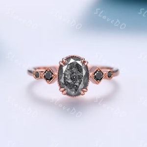 Oval Cut Salt And Pepper Diamond Engagement Ring,Unique Rose Gold Wedding Band,Black Spinel Ring,Grey Diamond Promise Ring,Anniversary Gift