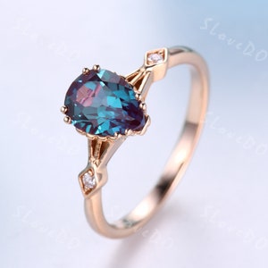 Dainty Alexandrite engagement ring Pear Alexandrit ring 14K rose gold art deco ring diamond wedding band Bridal Promise ring gift for women