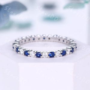 Minimalist Sapphire Diamond Wedding Ring,Eternity Band,Sapphire Moissanite Band,Blue Sapphire Engagement Ring,14k White Gold Ring Gift
