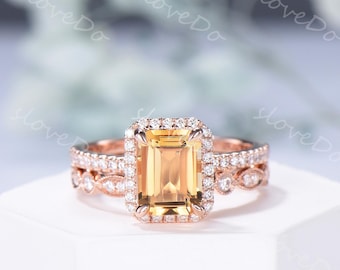 2CT Emerald Cut Natural Citrine Engagement Ring Set in Rose Gold Halo Moissanite Wedding Band Half Eternity Bridal Set for Women
