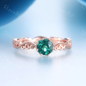 Emerald Ring, Vintage Emerald Engagement Ring, Rose Gold Emerald Ring, Art Deco Unique Wedding Band, Antique Promise Bridal Ring