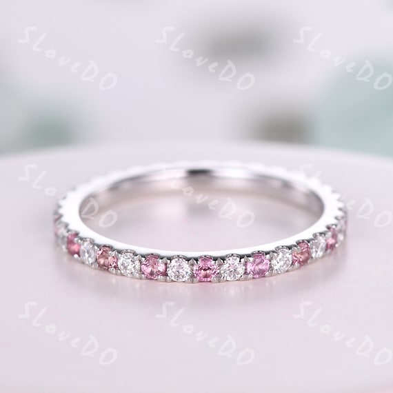 Pink Tourmaline Moissanite Full Eternity Band: White Gold Stacking Ring