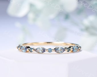 Marquise Alexandrite Wedding Band Vintage 14K Yellow Gold Dainty Minimalist Ring Women Matching Band Anniversary Ring June Birthstone Gifts