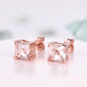 Morganite Stud Earrings,6mm Princess Cut Morganite Earrings,Rose Gold Studs,Minimal Gift For Her,Natural Morganite Jewelry,Everyday Earring