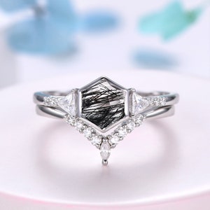 Vintage Black Rutilated Quartz Engagement Ring Set Hexagon Black Stone Matching Wedding Band Moissanite Anniversary Bridal Set Jewelry Gift