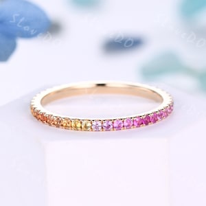 1,5 mm Regenbogen Ring,Tsavorit,Blauer Saphir,Gelber Saphir,Orange Saphir,Rosa Saphir,Versprechensring Gold Pave Versprechen