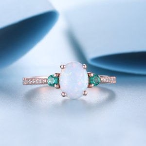 Oval Opal Engagement Ring, Rose Gold Opal Ring, Half Eternity Diamond Band, White Opal Ring, Bridal Promise Ring, Anniversary gift