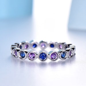 14K Gold Rings Sapphire & Amethyst Wedding Band Blue Sapphire Ring Art Deco Eternity Band Anniversary Gift