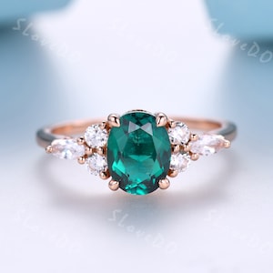 Retro Oval Emerald Engagement Ring Green Agate Ring Rose Gold Band Marquise Moissanite Diamond Wedding Ring Promise Anniversary Gift for Her