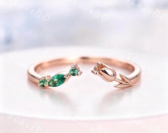 Green Emerald Tulip Curved Wedding Band Unique Open Flower Wedding Band 10K Solid Rose Gold Nature Inspired Emerald Wedding Ring for Women